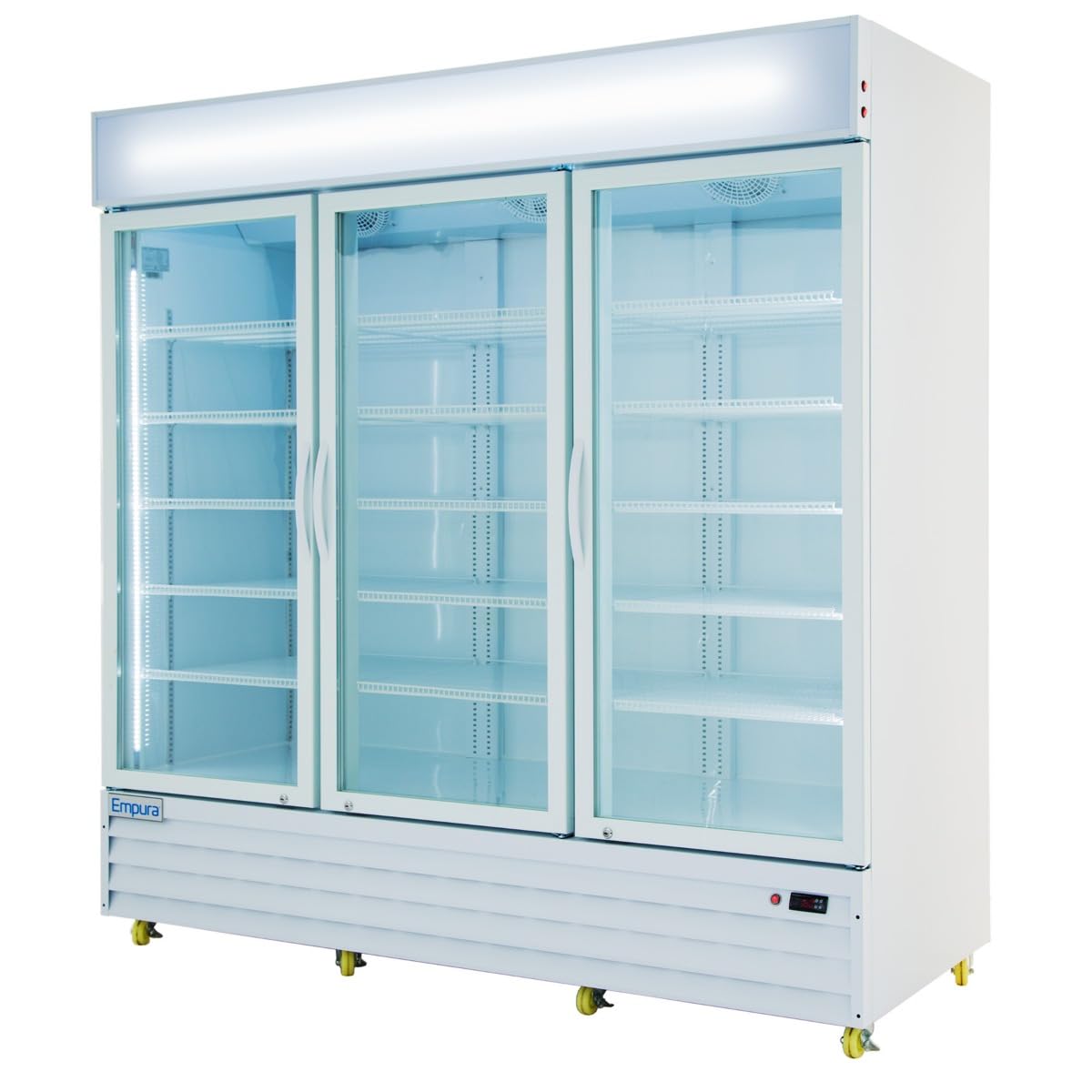 A large, white commercial refrigerator with three glass swing doors, vertical handles, and empty shelves. The refrigerated merchandiser features a lighted top panel, vented base, yellow caster wheels, and displays the Empura brand label.