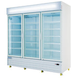 A large, white commercial refrigerator with three glass swing doors, vertical handles, and empty shelves. The refrigerated merchandiser features a lighted top panel, vented base, yellow caster wheels, and displays the Empura brand label.