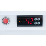 Close-up of a digital control panel on a commercial refrigerator showing the number 42 in red LED digits, with Set buttons and icons. To the left is a large red power button. The panel is mounted on a white refrigerated merchandiser surface.