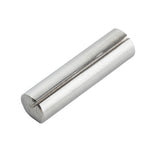 A shiny, metallic cylindrical pin made of stainless steel with a smooth surface. The pin has a groove running along its length, giving it a slightly open appearance on one side. The ends are flat, and the metal has a brushed finish.