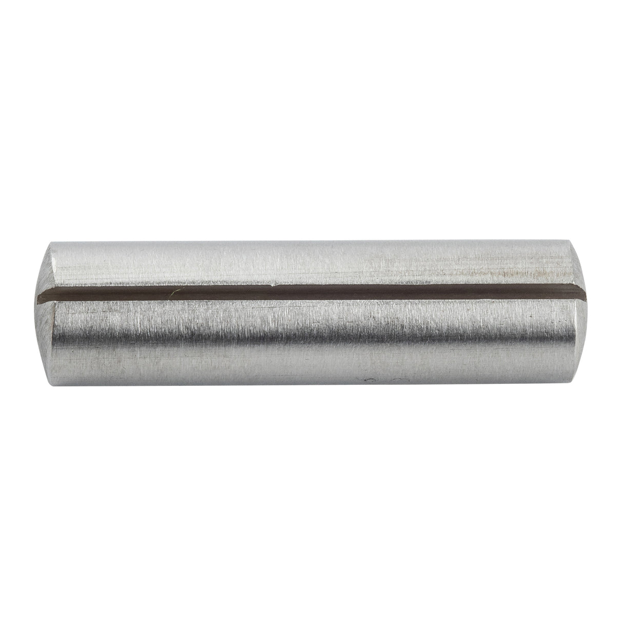 A cylindrical stainless steel dowel pin with a visible lengthwise groove along its smooth, shiny surface. The chamfered ends enhance its sleek look as it rests horizontally against a white background.