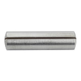 A cylindrical stainless steel dowel pin with a visible lengthwise groove along its smooth, shiny surface. The chamfered ends enhance its sleek look as it rests horizontally against a white background.