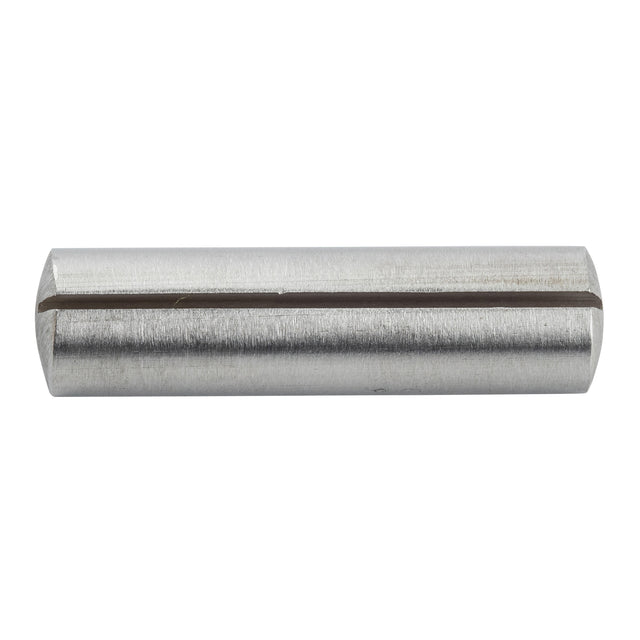 A cylindrical stainless steel dowel pin with a visible lengthwise groove along its smooth, shiny surface. The chamfered ends enhance its sleek look as it rests horizontally against a white background.