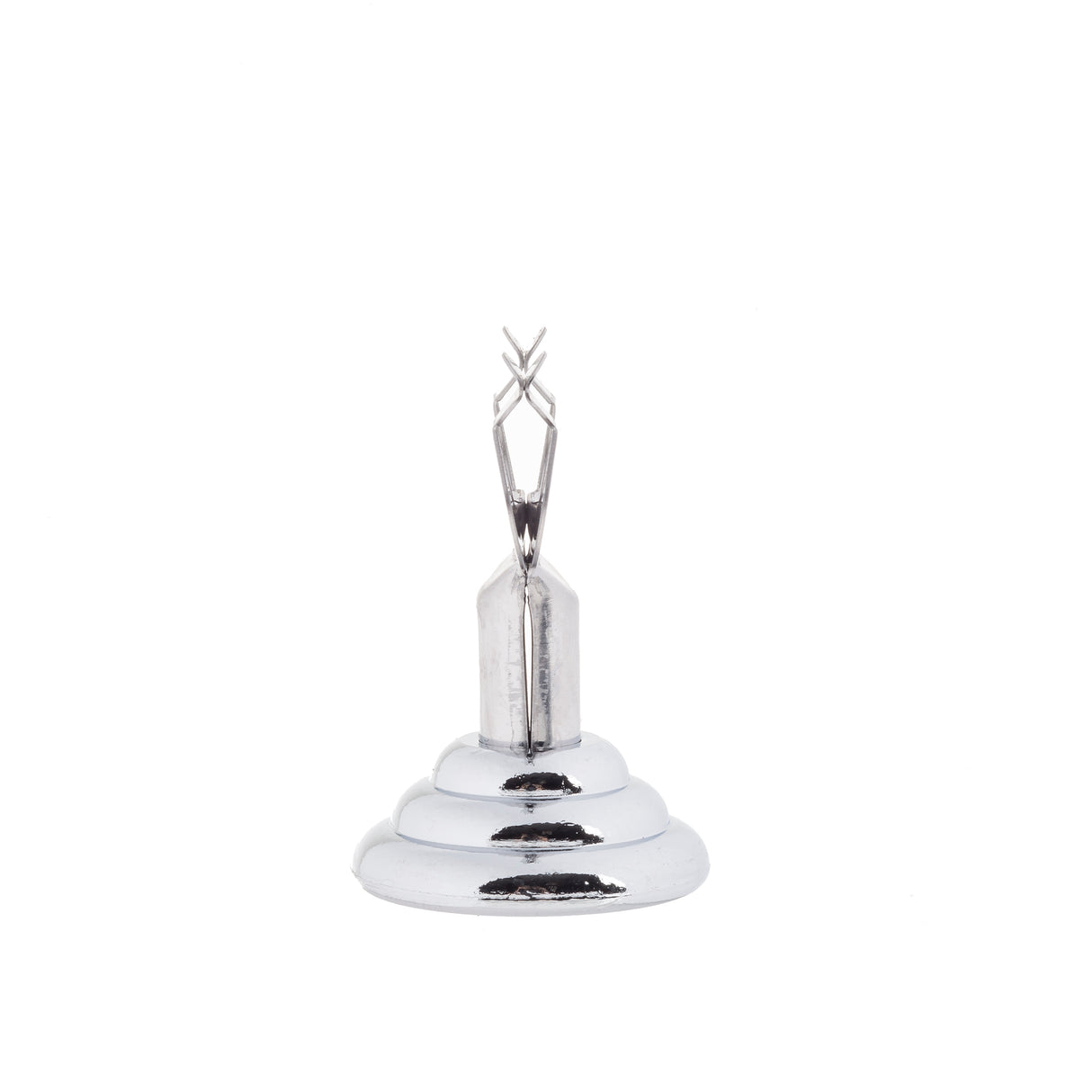 A shiny, stainless steel ring holder shaped like a small, tiered pedestal with a pair of upward-facing, clasped fingers at the top. The plain white background makes this elegant TableCraft piece the clear focal point of the image.