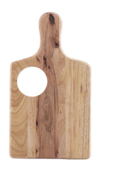 A rectangular bread board made of natural finish wood with a rounded handle and a large circular hole near the top left. The visible grain patterns and knots highlight its rustic charm. The background is white.