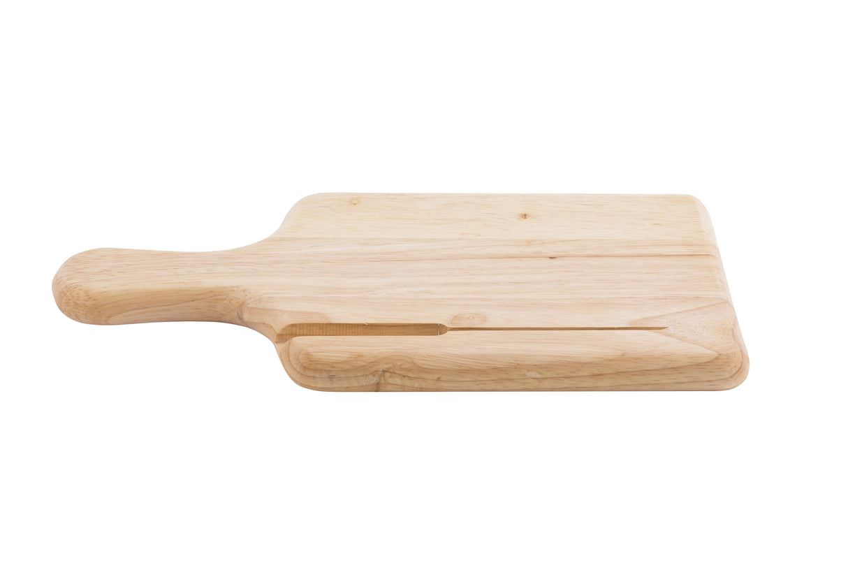 A rectangular light wood bread board with a carved handle and a long knife slot on one side, placed on a white background. The surface is smooth and natural, highlighting subtle wood grain patterns.