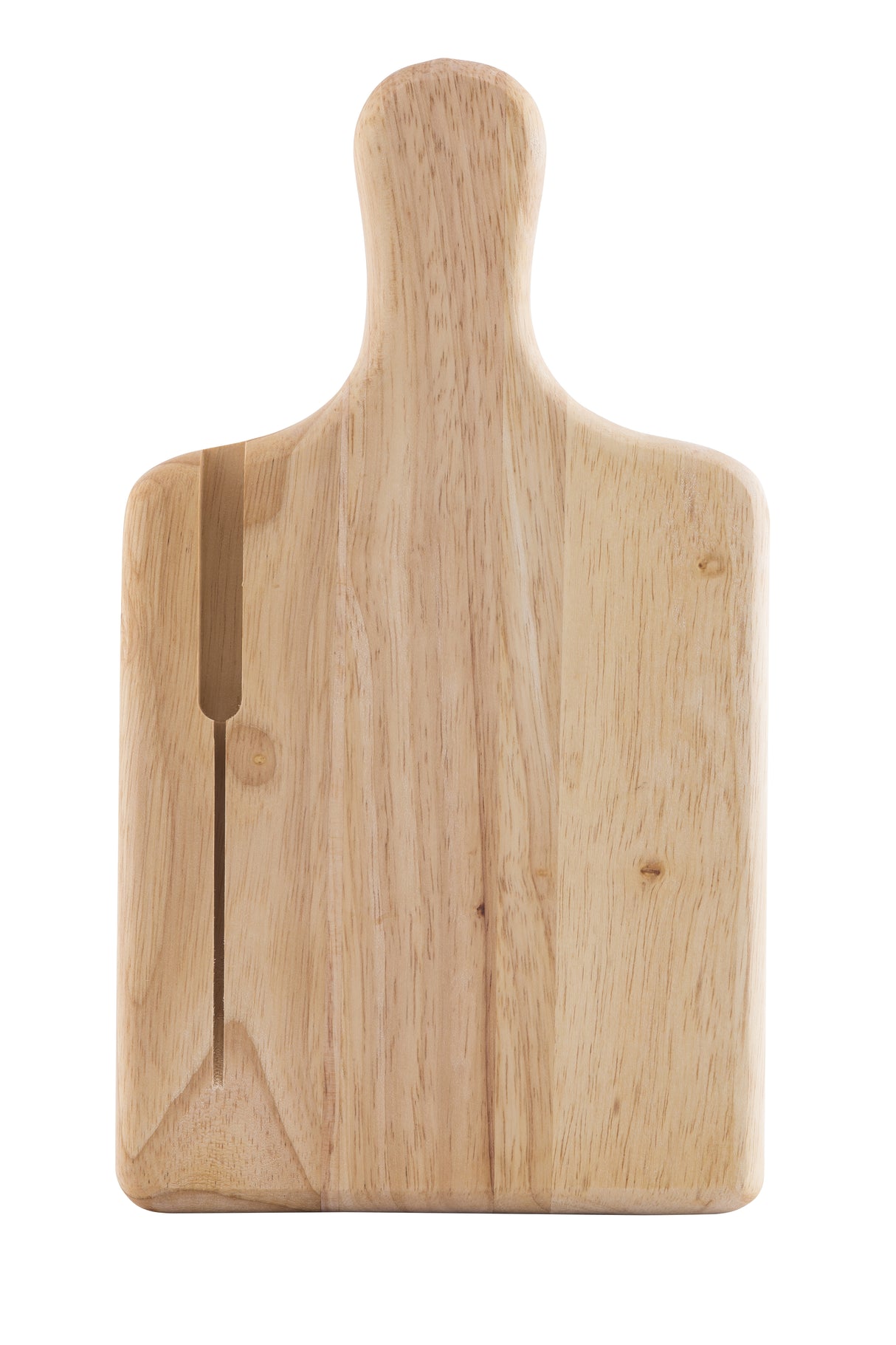 A light wooden bread board with a rounded handle and a large, visible crack running vertically from the top left edge. The wood grain and two small knots are visible on the smooth surface. The background is white.