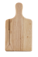 A light wooden bread board with a rounded handle and a large, visible crack running vertically from the top left edge. The wood grain and two small knots are visible on the smooth surface. The background is white.