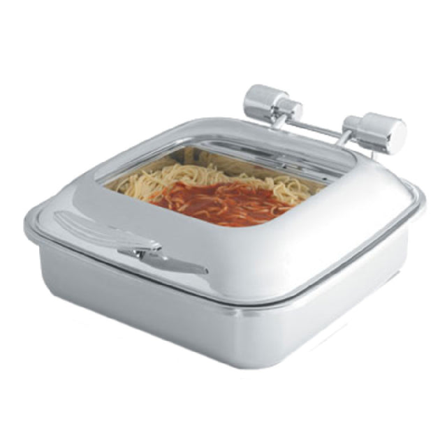 Vollrath 46134 Intrigue® Induction Square Glass Top Chafer 6 Quart (5.8L) Chafer Constructed Of Mirror Finish 18/8 Stainless Steel Trim With 18-8 Stainless Food Pan & 18-0 Stainless Water Pan