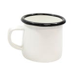 A classic porcelain enamel mug with a black rim and left-side handle, this enamelware mug features a simple, slightly rounded shape. Ideal for camping or rustic settings, it’s also a dishwasher safe mug for easy cleanup.