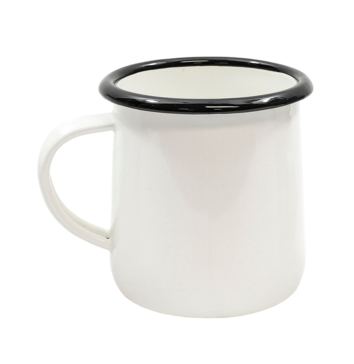 A plain white enamelware mug with a black rim and a left-side handle. The glossy, smooth porcelain enamel mug is empty, and its clean simplicity stands out against the white background. This dishwasher safe mug is perfect for everyday use.