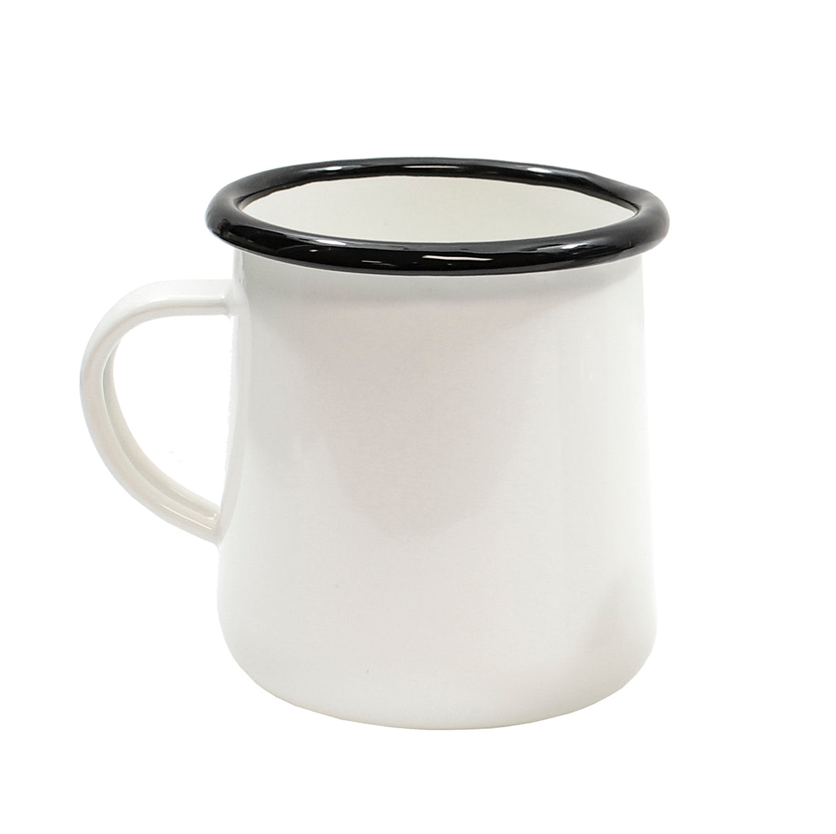 A plain white Enamelware Mug with a black rim, cylindrical in shape, and a curved handle on the left side. This dishwasher safe mug features a smooth, glossy finish with no additional designs or markings.