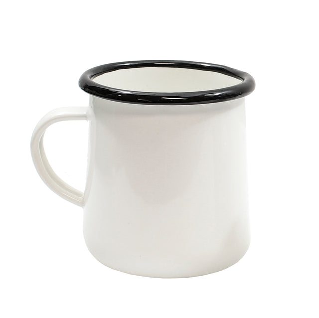 A plain white Enamelware Mug with a black rim, cylindrical in shape, and a curved handle on the left side. This dishwasher safe mug features a smooth, glossy finish with no additional designs or markings.