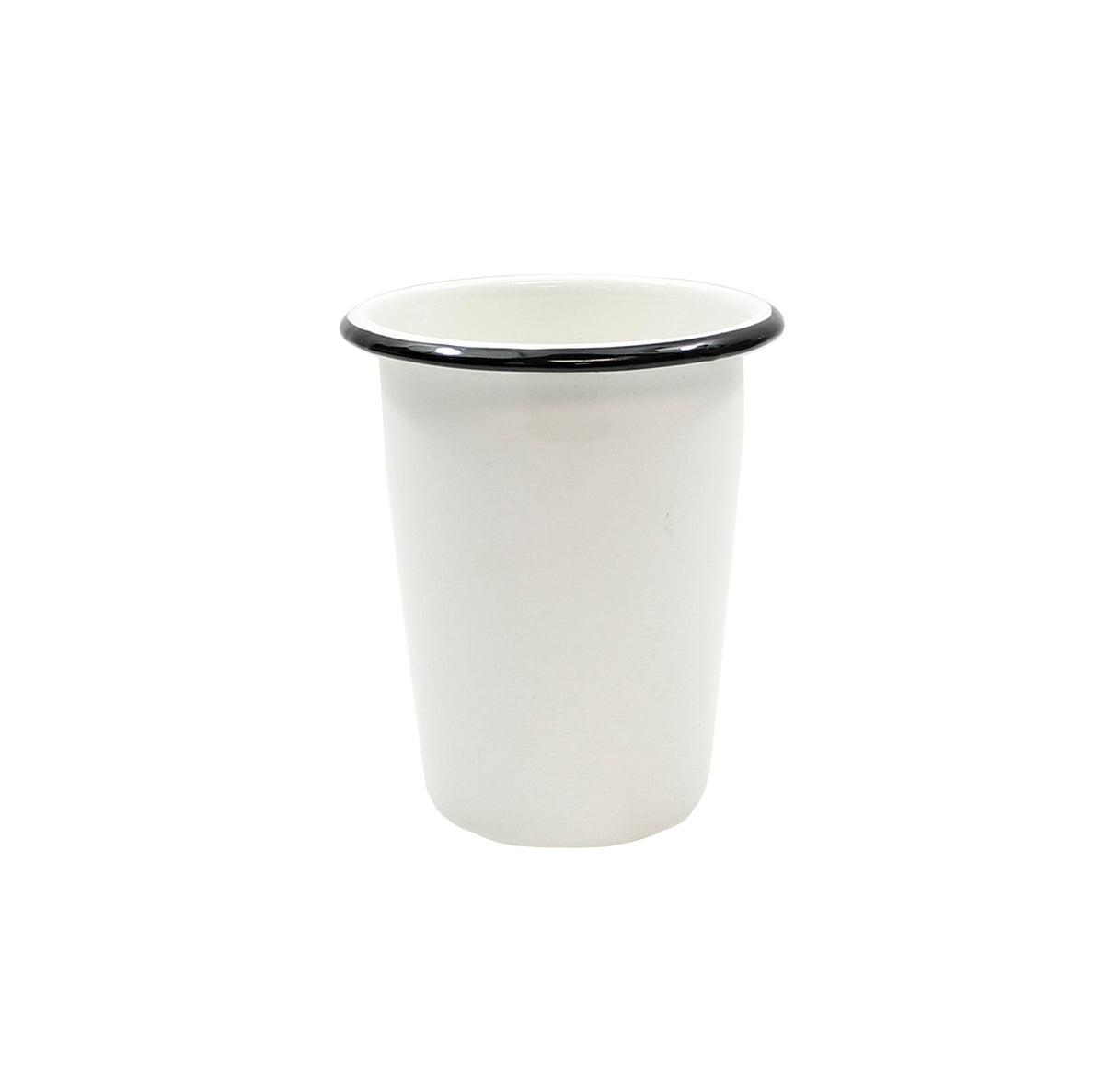 A plain white enamelware side cup with a slightly flared rim and thin black edge sits upright on a white background. This simple, stackable cup has no handle and is centered in the image.