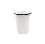 A plain white enamelware side cup with a slightly flared rim and thin black edge sits upright on a white background. This simple, stackable cup has no handle and is centered in the image.