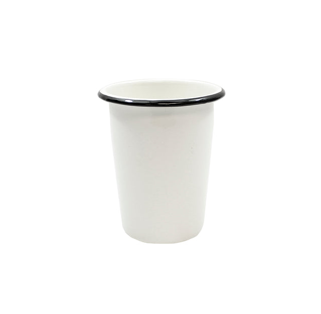 A plain white enamelware side cup with a slightly flared rim and thin black edge sits upright on a white background. This simple, stackable cup has no handle and is centered in the image.