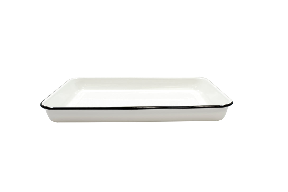 A rectangular white porcelain enamel tray with a black rim, photographed against a plain white background. The enamelware serving tray features straight sides and a glossy finish, with no patterns or decorations. Dishwasher safe for easy cleaning.