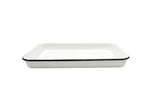 A rectangular white porcelain enamel tray with a black rim, photographed against a plain white background. The enamelware serving tray features straight sides and a glossy finish, with no patterns or decorations. Dishwasher safe for easy cleaning.