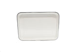 A rectangular, white Enamelware serving tray made from porcelain enamel coated steel with a thin black rim. It features slightly raised edges, a smooth, glossy surface, and is dishwasher safe. Photographed against a plain white background.