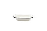A small, rectangular white Enamelware Serving Pan with rounded edges and a black rim. Plain and empty, it sits against a white background, crafted from porcelain enamel coated steel and is dishwasher safe for easy cleaning.