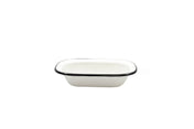A small, rectangular white Enamelware Serving Pan with rounded edges and a black rim. Plain and empty, it sits against a white background, crafted from porcelain enamel coated steel and is dishwasher safe for easy cleaning.