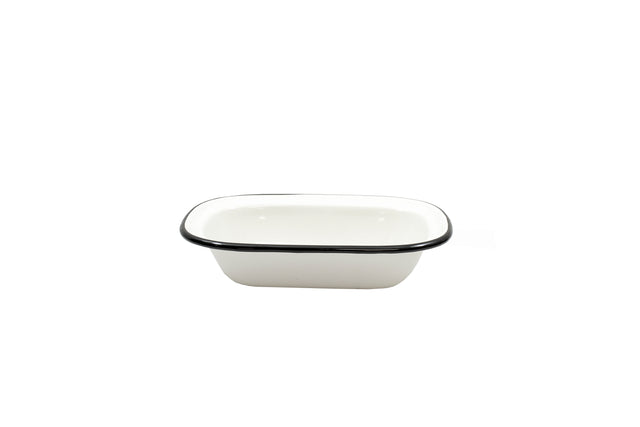 A small, rectangular white Enamelware Serving Pan with rounded edges and a black rim. Plain and empty, it sits against a white background, crafted from porcelain enamel coated steel and is dishwasher safe for easy cleaning.