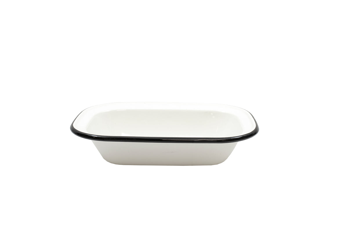 A white, rectangular porcelain enamel coated steel dish with rounded edges and a black rim. The Enamelware serving pan is empty, photographed against a plain white background, and viewed from a slightly elevated front angle.