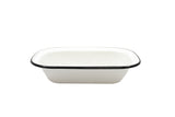 A rectangular white enamelware serving pan with slightly rounded corners and a black rim, photographed on a plain white background. Made from porcelain enamel coated steel, this dish is empty, glossy, and dishwasher safe.