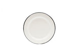 A plain, round, white porcelain enamel plate with a thin black rim is centered on a white background. The plate is empty and viewed from above, highlighting its simple, minimalistic design and dishwasher safe construction.