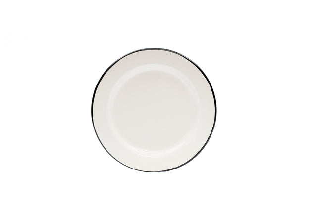 A plain, round, white porcelain enamel plate with a thin black rim is centered on a white background. The plate is empty and viewed from above, highlighting its simple, minimalistic design and dishwasher safe construction.