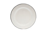 A plain white Enamelware plate with a thin black rim, viewed from above against a white background. The round, glossy plate features a simple, minimalistic design and is dishwasher safe for easy cleaning.