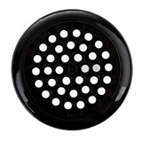 A TableCraft replacement top, this round, black drain cover is made from durable polypropylene with evenly spaced circular holes in a grid pattern, allowing water to flow through while blocking larger debris.