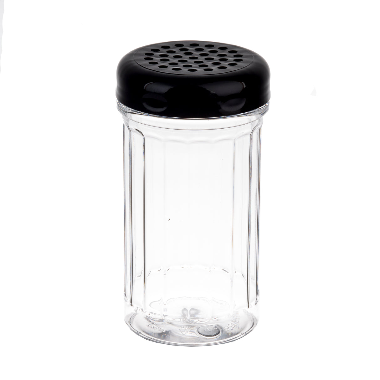 A clear, empty glass shaker with vertical ridges and a black perforated polypropylene lid, designed for dispensing spices or condiments. The image is set against a plain white background. Ideal as a Replacement Top for TableCraft shakers.