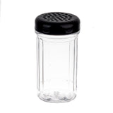 A clear, empty glass shaker with vertical ridges and a black perforated polypropylene lid, designed for dispensing spices or condiments. The image is set against a plain white background. Ideal as a Replacement Top for TableCraft shakers.