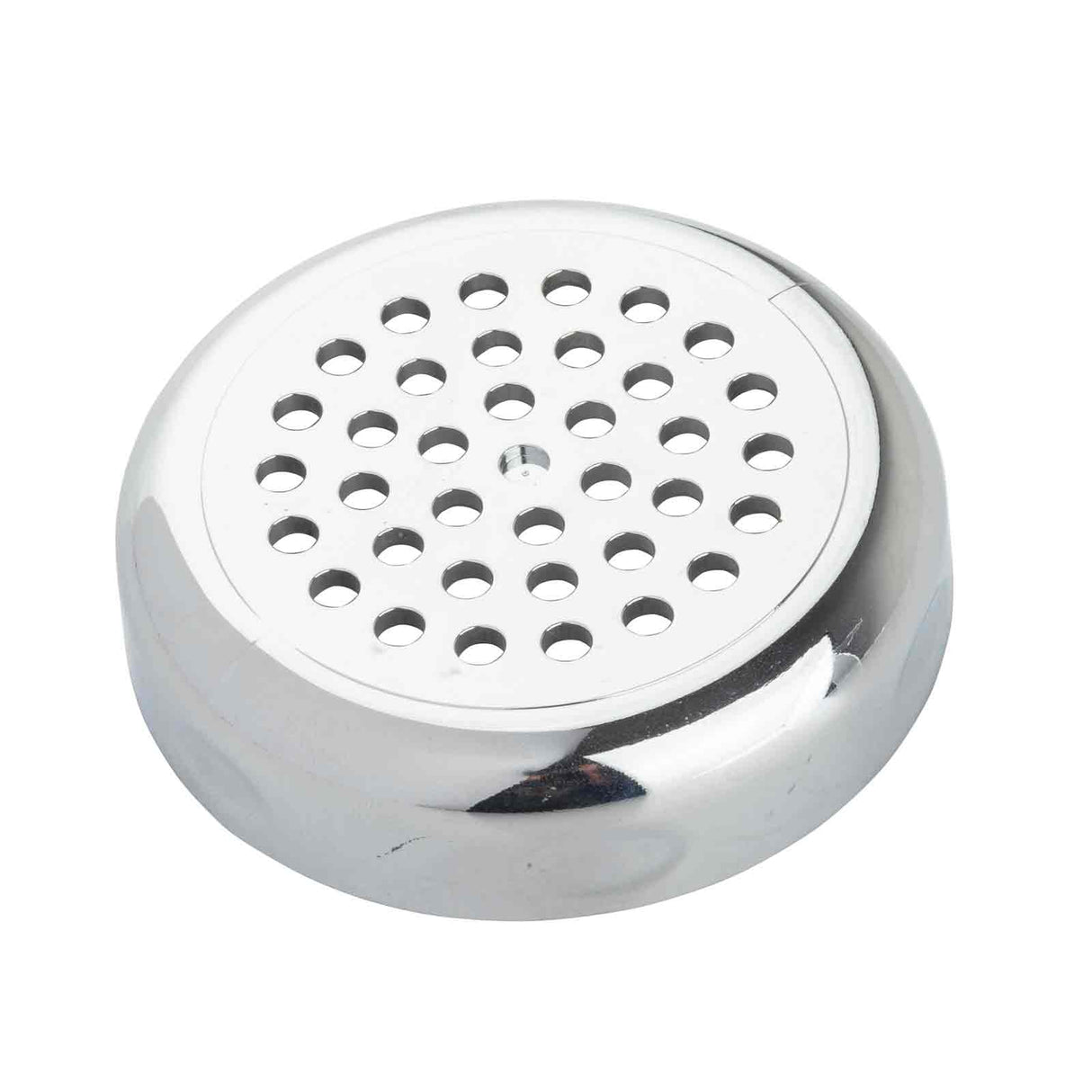 A small, shiny, chrome plated circular metal object with a domed shape. Its top surface features a grid of evenly spaced round holes. This Replacement Top fits the TableCraft 800TCH and is set against a white background.