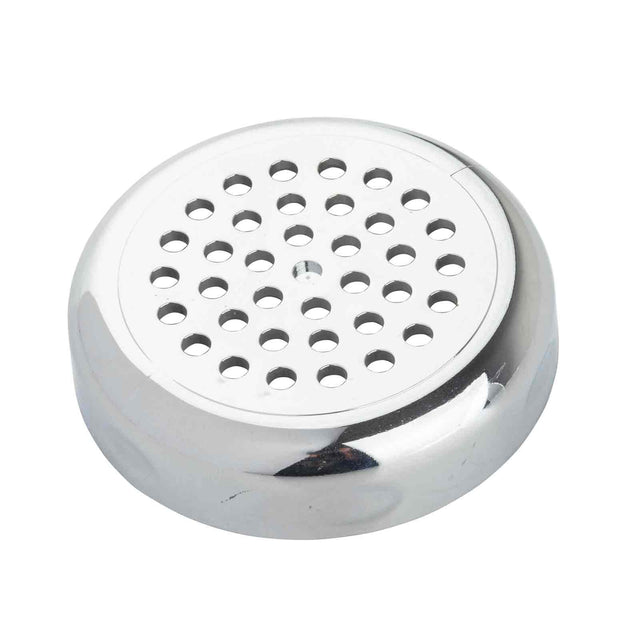 A small, shiny, chrome plated circular metal object with a domed shape. Its top surface features a grid of evenly spaced round holes. This Replacement Top fits the TableCraft 800TCH and is set against a white background.