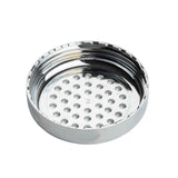A shiny, chrome plated, circular metal grinder part with evenly spaced round holes on the bottom surface, viewed from above. The inner wall has threading for screwing onto another piece—compatible as a Replacement Top for the TableCraft 800TCH.