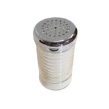 A glass shaker filled with white powder, likely salt, features a shiny chrome plated Replacement Top and a ribbed glass body. This TableCraft 800TCH shaker is photographed against a white background.