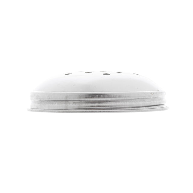 A close-up side view of a metallic, dome-shaped lid with a perforated top, featuring several small holes, isolated on a white background. The object appears to be the lid of a salt or pepper shaker.