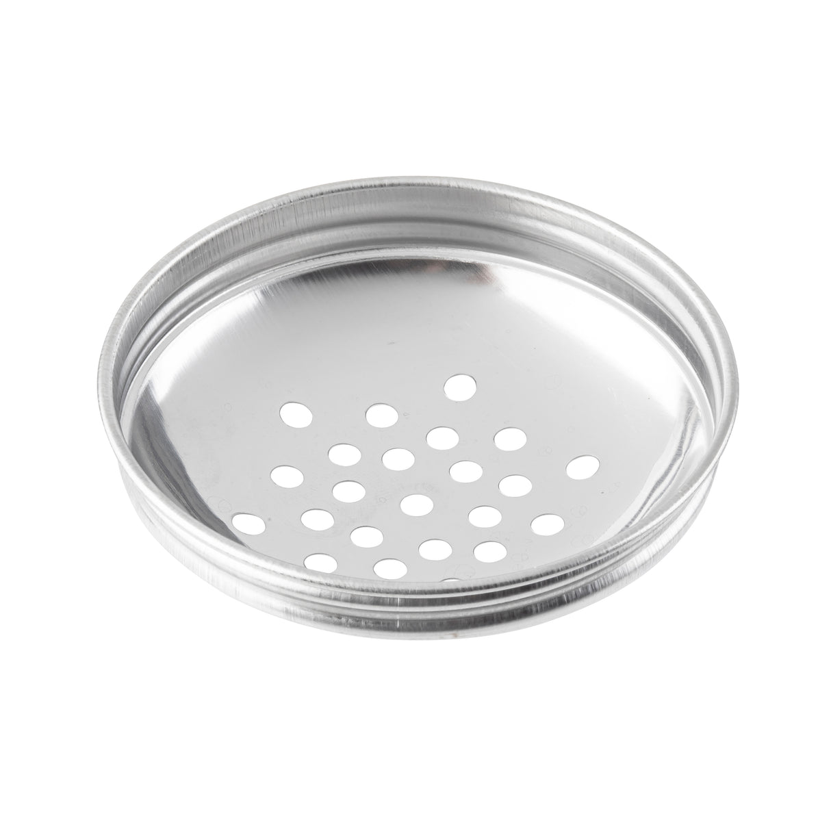 A round, stainless steel lid insert with a perforated top of small holes arranged in a circular pattern. Featuring a raised rim and smooth, reflective surface, it’s typically used for mason jars as a shaker or strainer top. The background is plain white.