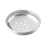 A round, stainless steel lid insert with a perforated top of small holes arranged in a circular pattern. Featuring a raised rim and smooth, reflective surface, it’s typically used for mason jars as a shaker or strainer top. The background is plain white.