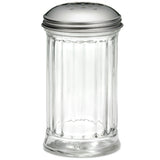 A clear, empty glass salt shaker with vertical ridges and a round, perforated stainless steel lid. The shaker stands upright against a white background, displaying its classic, diner-style design with a durable, perforated top.