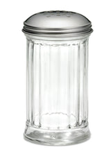 A clear, fluted glass shaker with vertical ridges and a rounded stainless steel lid dotted with small holes, designed for dispensing salt or other seasonings. The shaker stands upright against a plain white background.