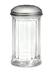 A clear, fluted glass shaker with vertical ridges and a rounded stainless steel lid dotted with small holes, designed for dispensing salt or other seasonings. The shaker stands upright against a plain white background.