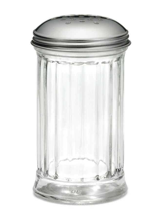 A clear, fluted glass shaker with vertical ridges and a rounded stainless steel lid dotted with small holes, designed for dispensing salt or other seasonings. The shaker stands upright against a plain white background.