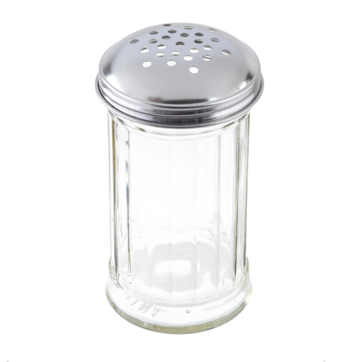 A clear, fluted glass shaker with vertical grooves and a round stainless steel lid featuring multiple holes, typically used for dispensing salt, pepper, or other seasonings. The image is taken against a white background.