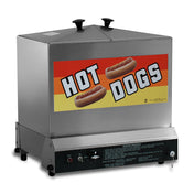 A large capacity stainless steel hot dog steamer with two black handles on top. The front features a colorful “HOT DOGS” sign with images of hot dogs, while adjustable temperature control switches are visible at the bottom.