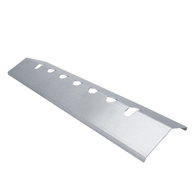 A silver metal radiant cover heat plate for a gas grill, designed for charbroilers with a rectangular shape, angled sides, and eight oval cutouts along the top center. The smooth, reflective plate is photographed on a white background.