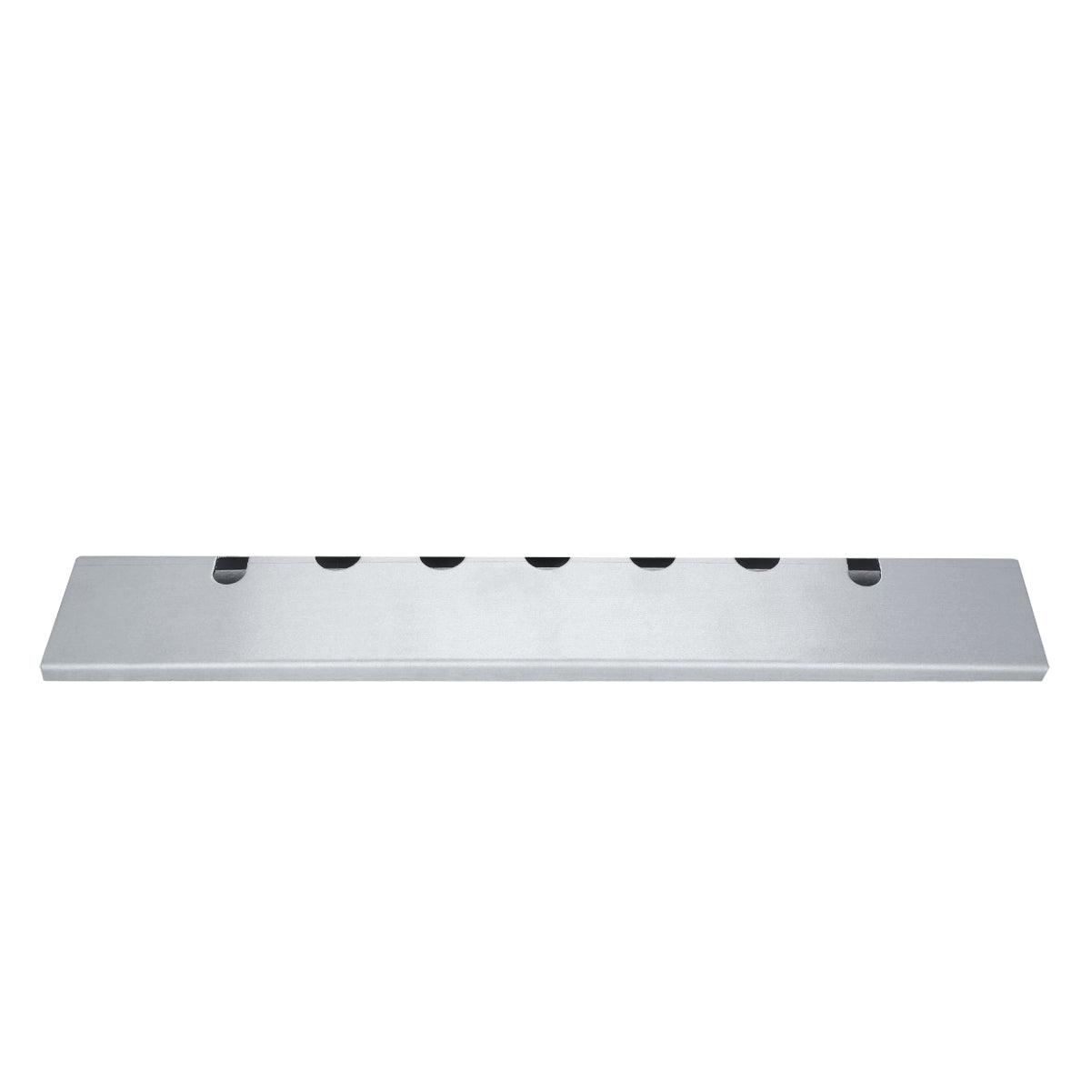 A rectangular, silver metal knife holder from Empura Equipment with six evenly spaced U-shaped slots along its length, designed to hold knives horizontally. The smooth, minimalist surface is photographed against a white background.