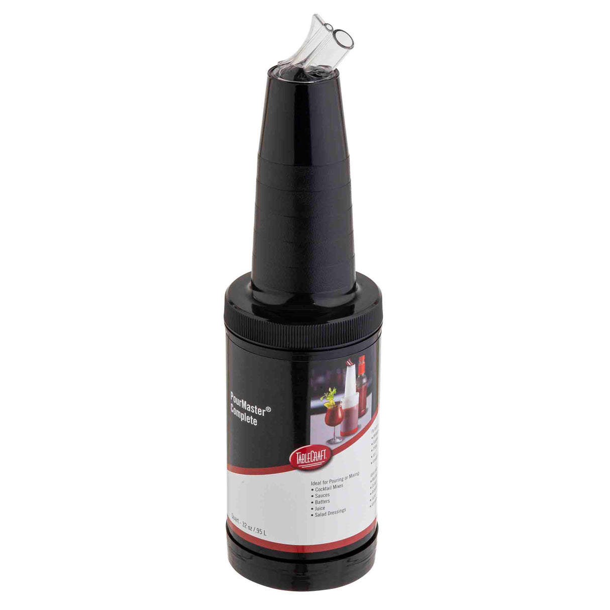 A black plastic, BPA free bar pourer with a spout sits atop the cylindrical PourMaster Complete Unit bottle. The red and white label showcases images of the pourer in use along with key product information.